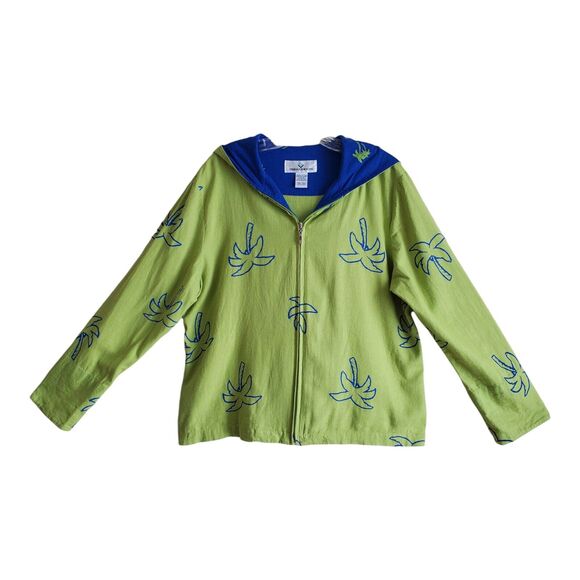 erin london Jackets & Blazers - ERIN LONDON Women S Hooded Jacket Palm Trees Green Blue Full Zip Linen Blend 40"